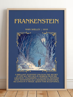 Frankenstein Minimalist Book Poster by Mary Shelley – framed print leaning on a wooden floor