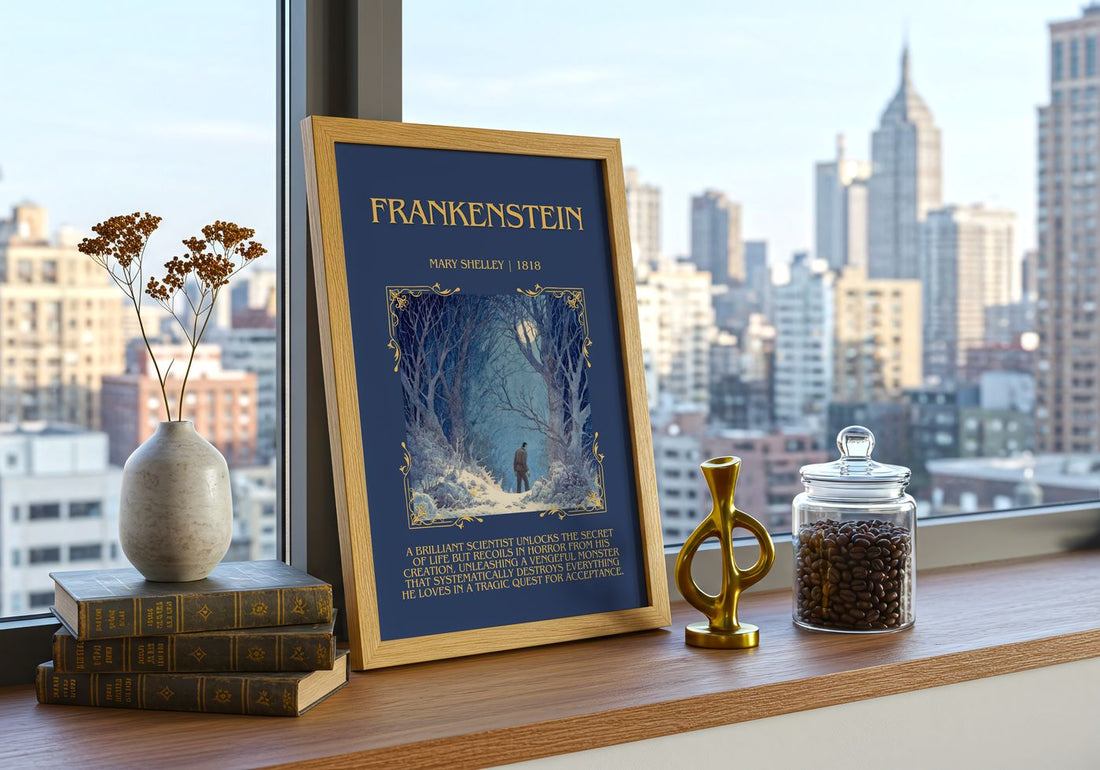 Frankenstein Minimalist Book Poster by Mary Shelley – framed print on a city-view windowsill