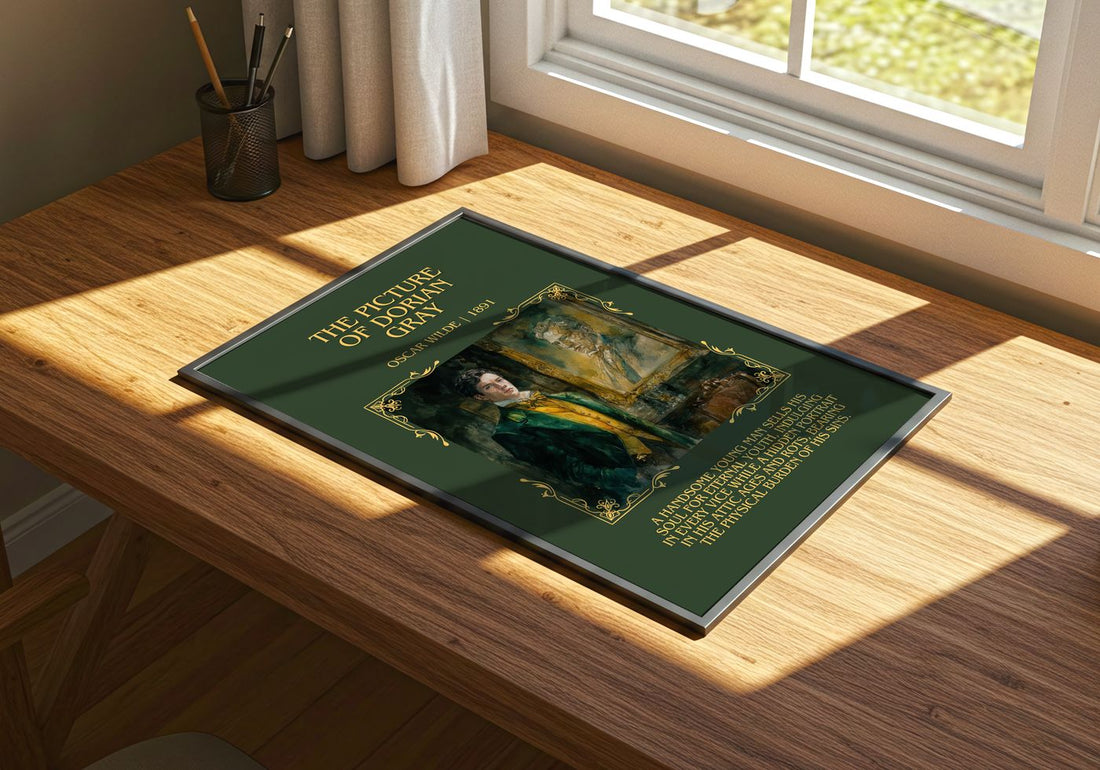 The Picture Of Dorian Gray Minimalist Book Poster by Oscar Wilde – print on a sunlit desk