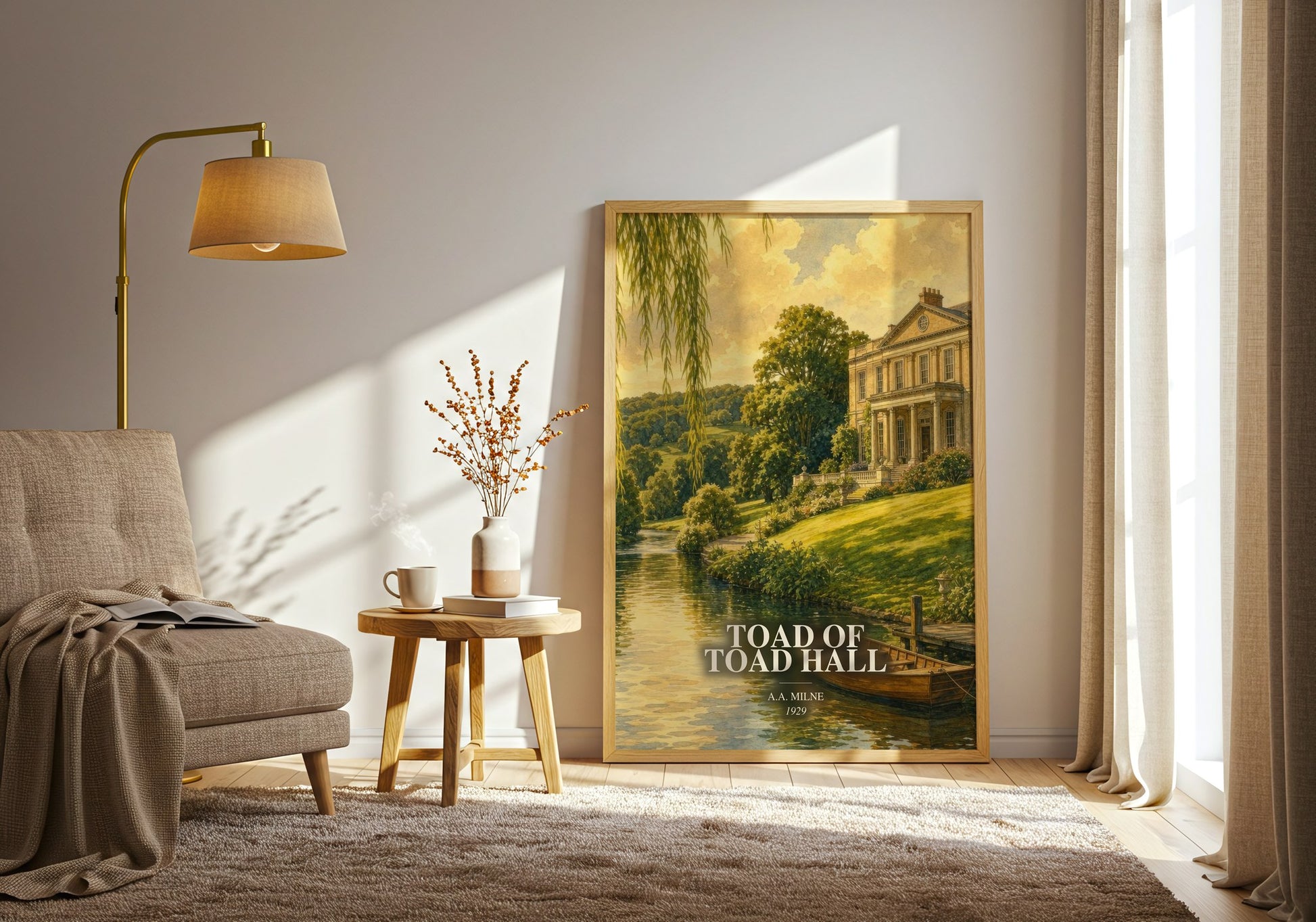 Toad Of Toad Hall watercolour print in frame leaning in hallway – childrens wall art