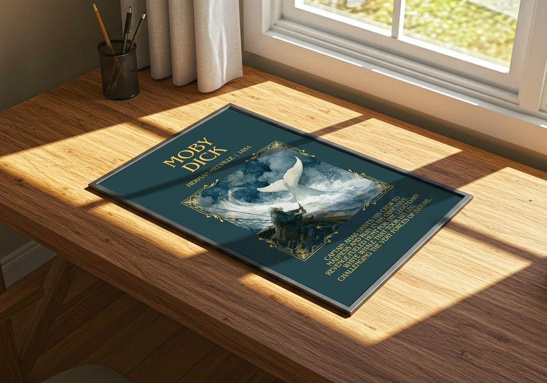 Moby Dick Minimalist Book Poster by Herman Melville – print on a sunlit desk