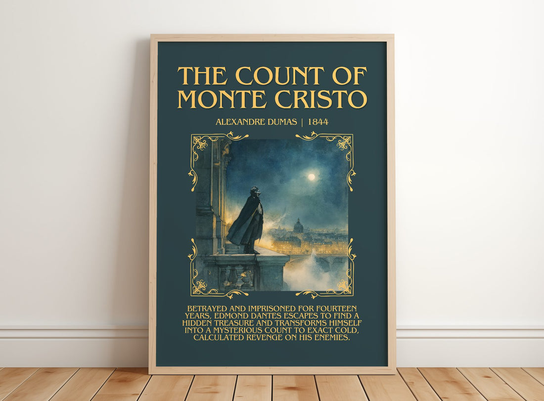The Count Of Monte Cristo Minimalist Book Poster by Alexandre Dumas – framed print leaning on a wooden floor