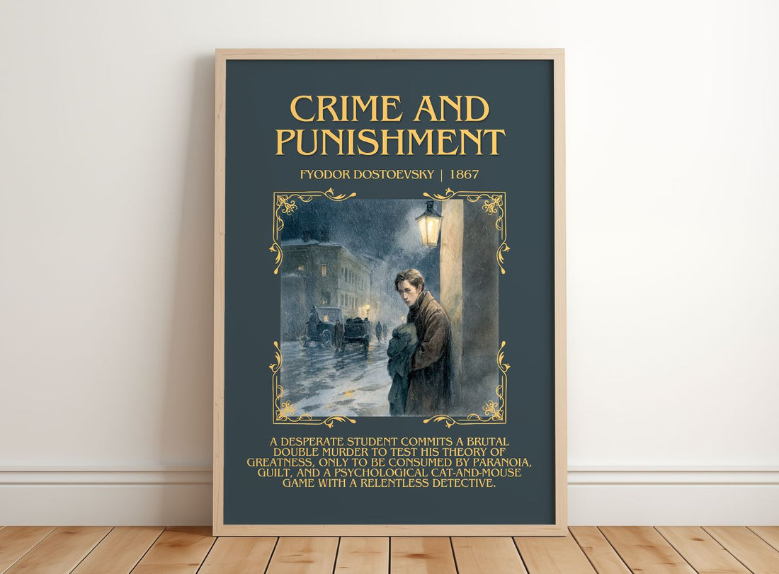 Crime And Punishment Minimalist Book Poster by Fyodor Dostoevsky – framed print leaning on a wooden floor