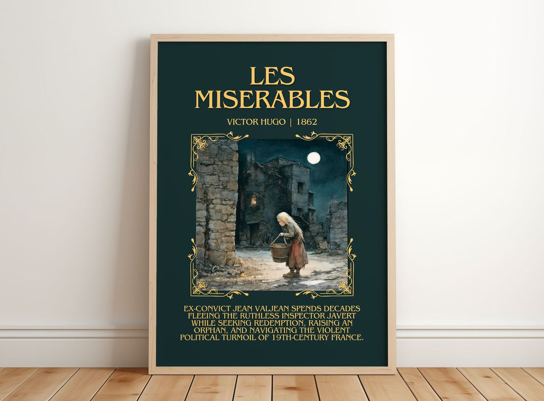 Les Misérables Minimalist Book Poster by Victor Hugo – framed print leaning on a wooden floor