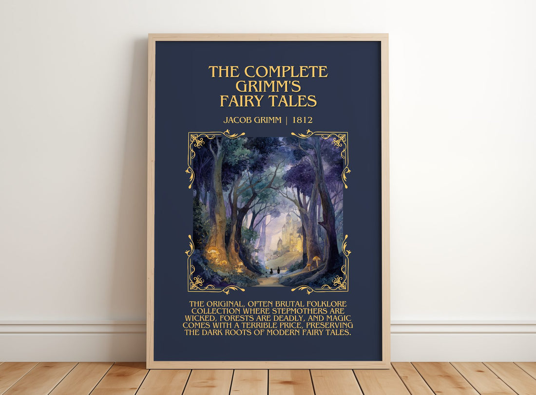 The Complete Grimm'S Fairy Tales Minimalist Book Poster by Jacob Grimm – framed print leaning on a wooden floor