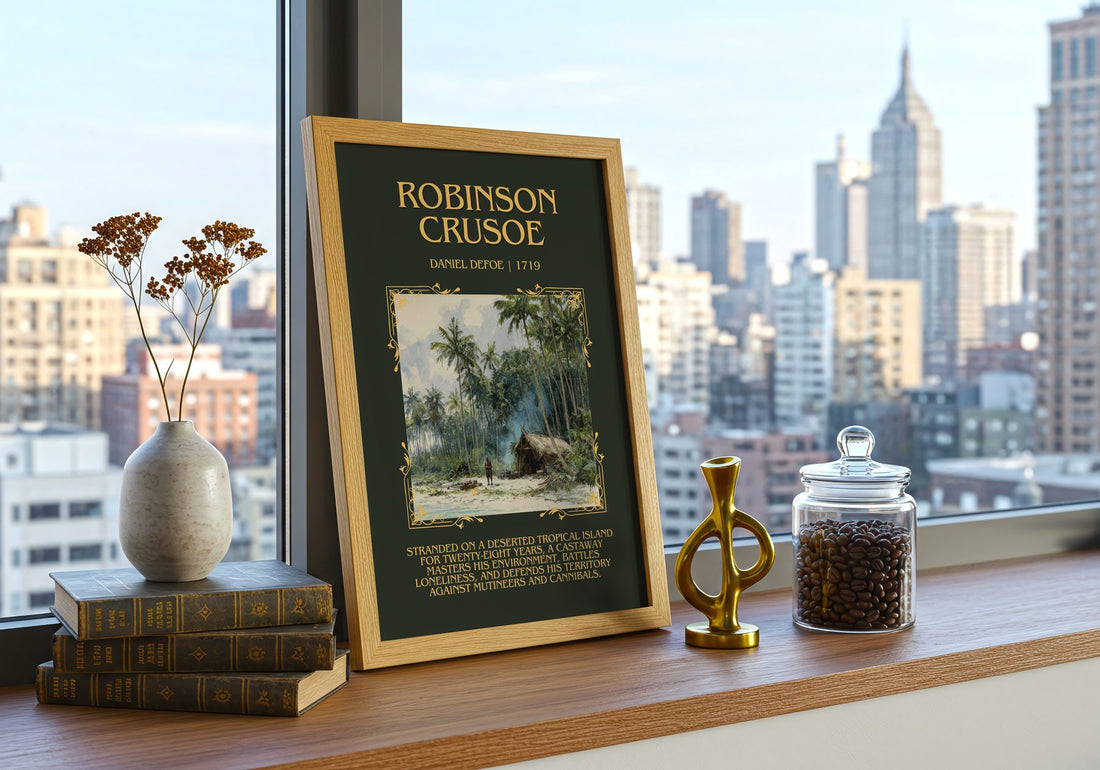 Robinson Crusoe Minimalist Book Poster by Daniel Defoe – framed print on a city-view windowsill