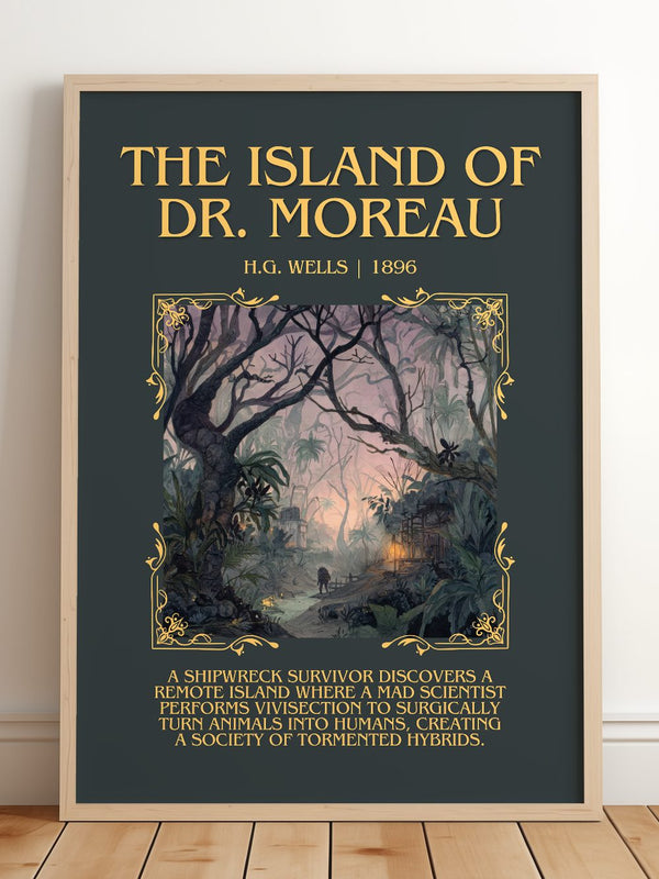 The Island Of Dr. Moreau Minimalist Book Poster by H.G. Wells – framed print leaning on a wooden floor