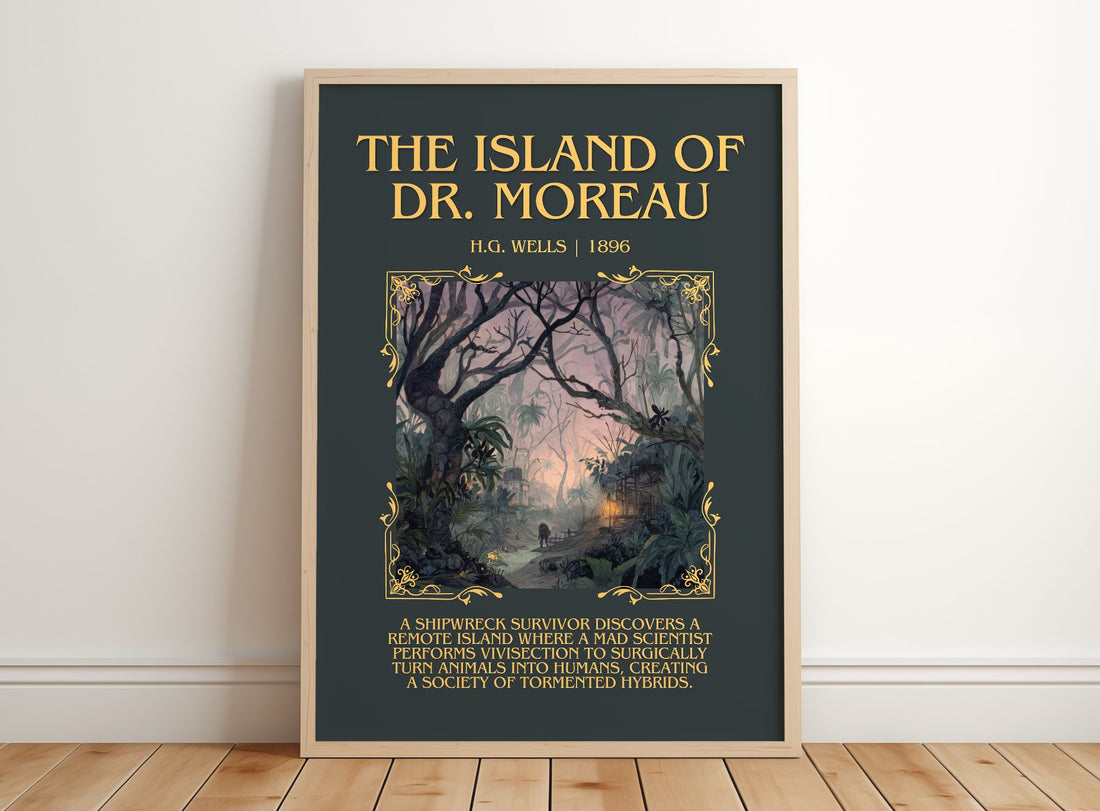 The Island Of Dr. Moreau Minimalist Book Poster by H.G. Wells – framed print leaning on a wooden floor
