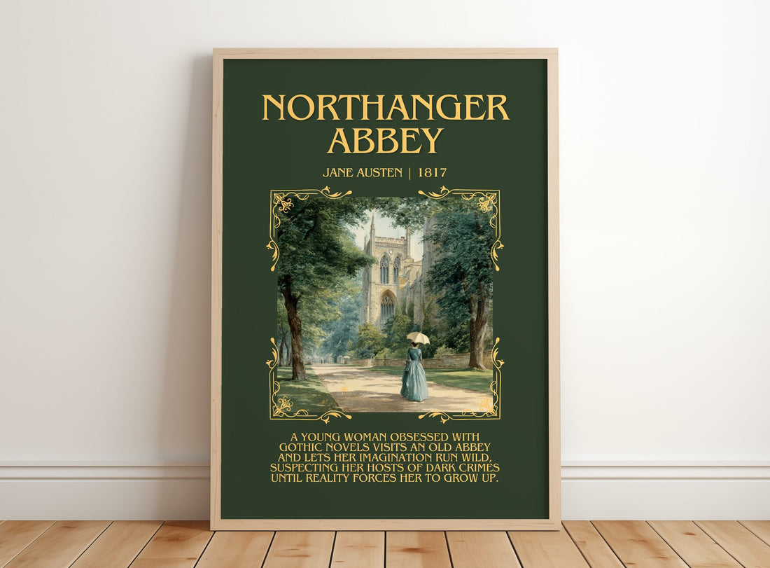 Northanger Abbey Minimalist Book Poster by Jane Austen – framed print leaning on a wooden floor