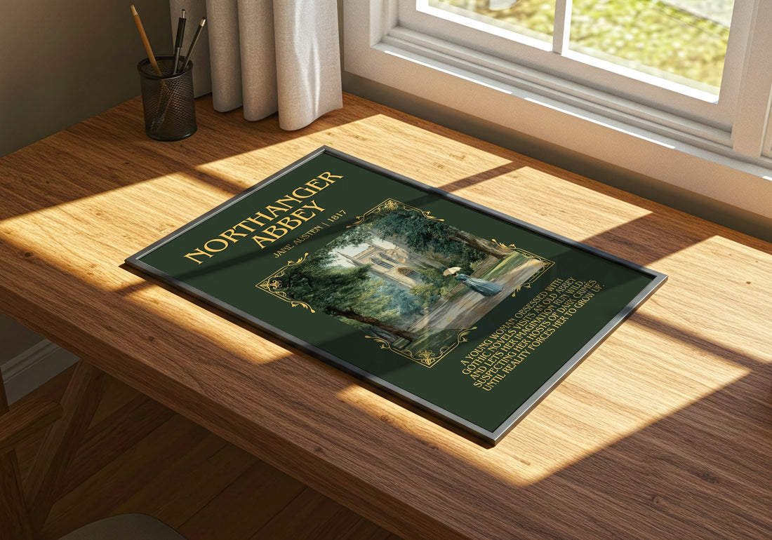 Northanger Abbey Minimalist Book Poster by Jane Austen – print on a sunlit desk