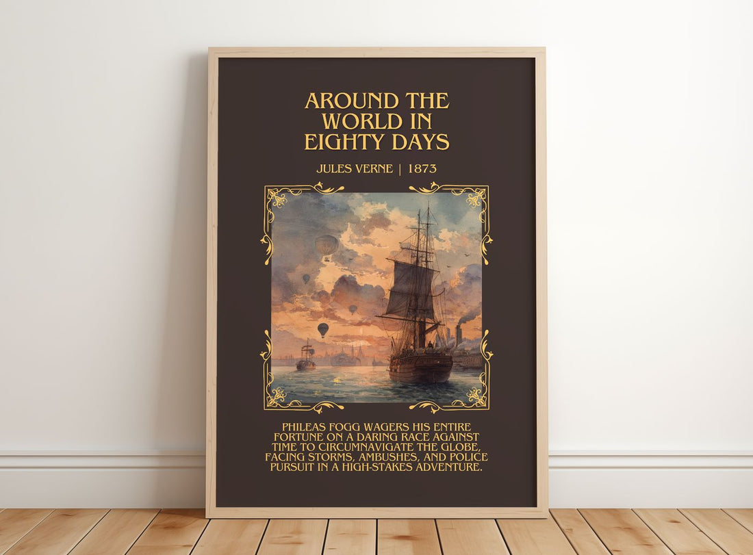 Around The World In Eighty Days Minimalist Book Poster by Jules Verne – framed print leaning on a wooden floor
