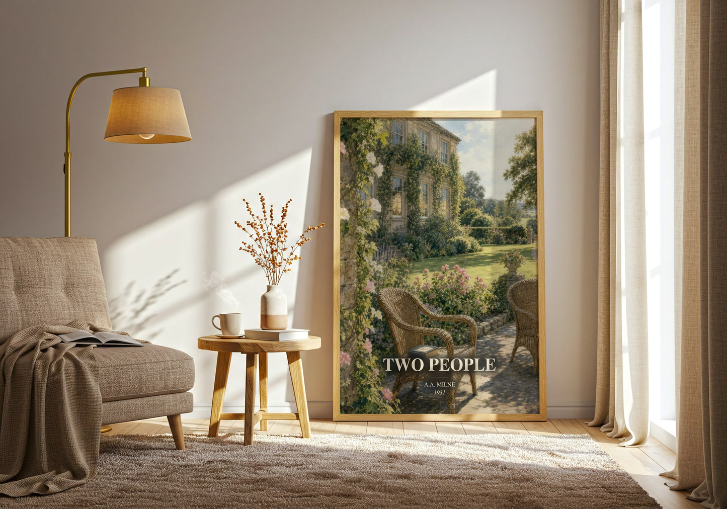Two People watercolour print in frame leaning in hallway – literary fiction wall art