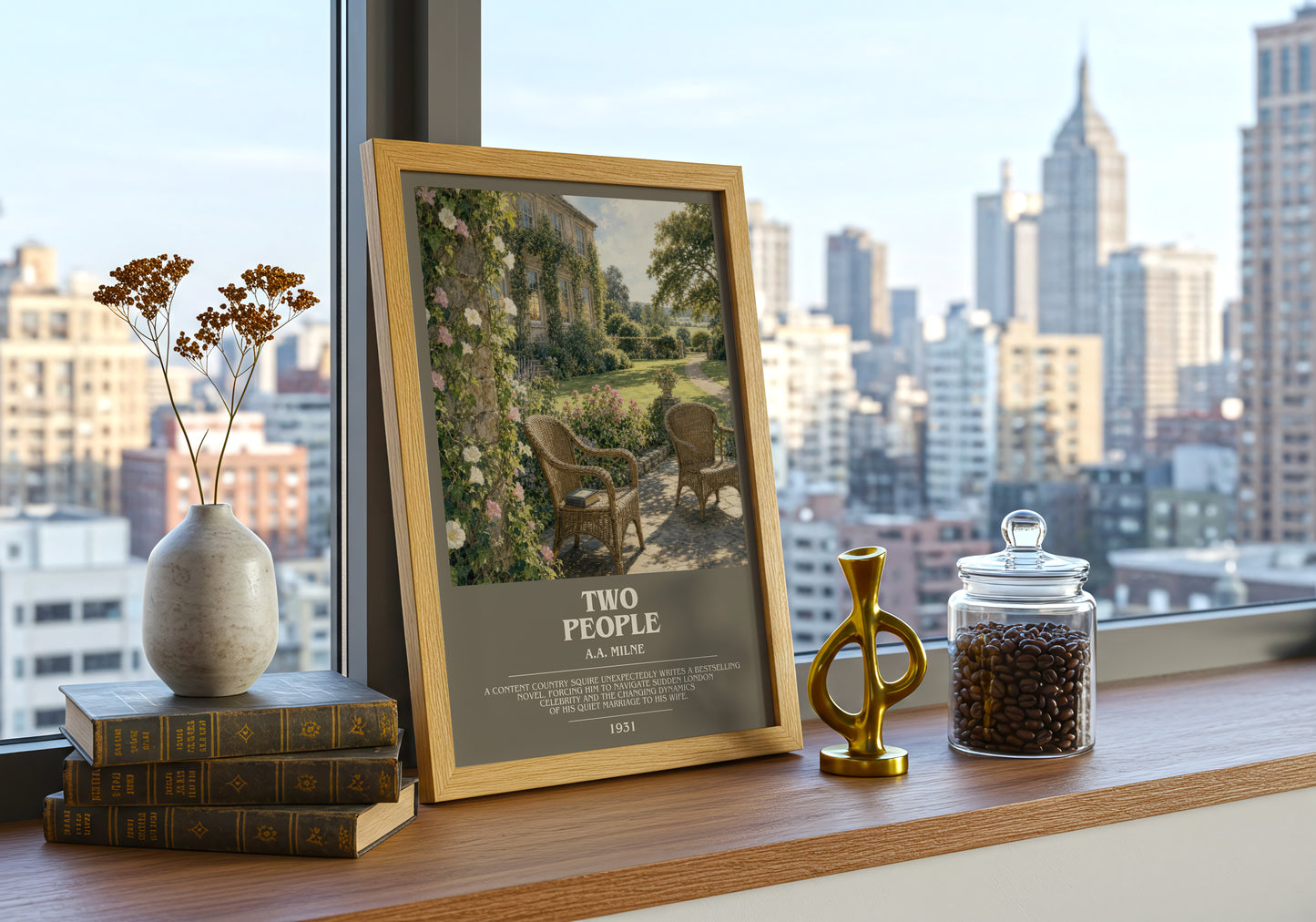 Two People bookish print framed by window – literary home decor
