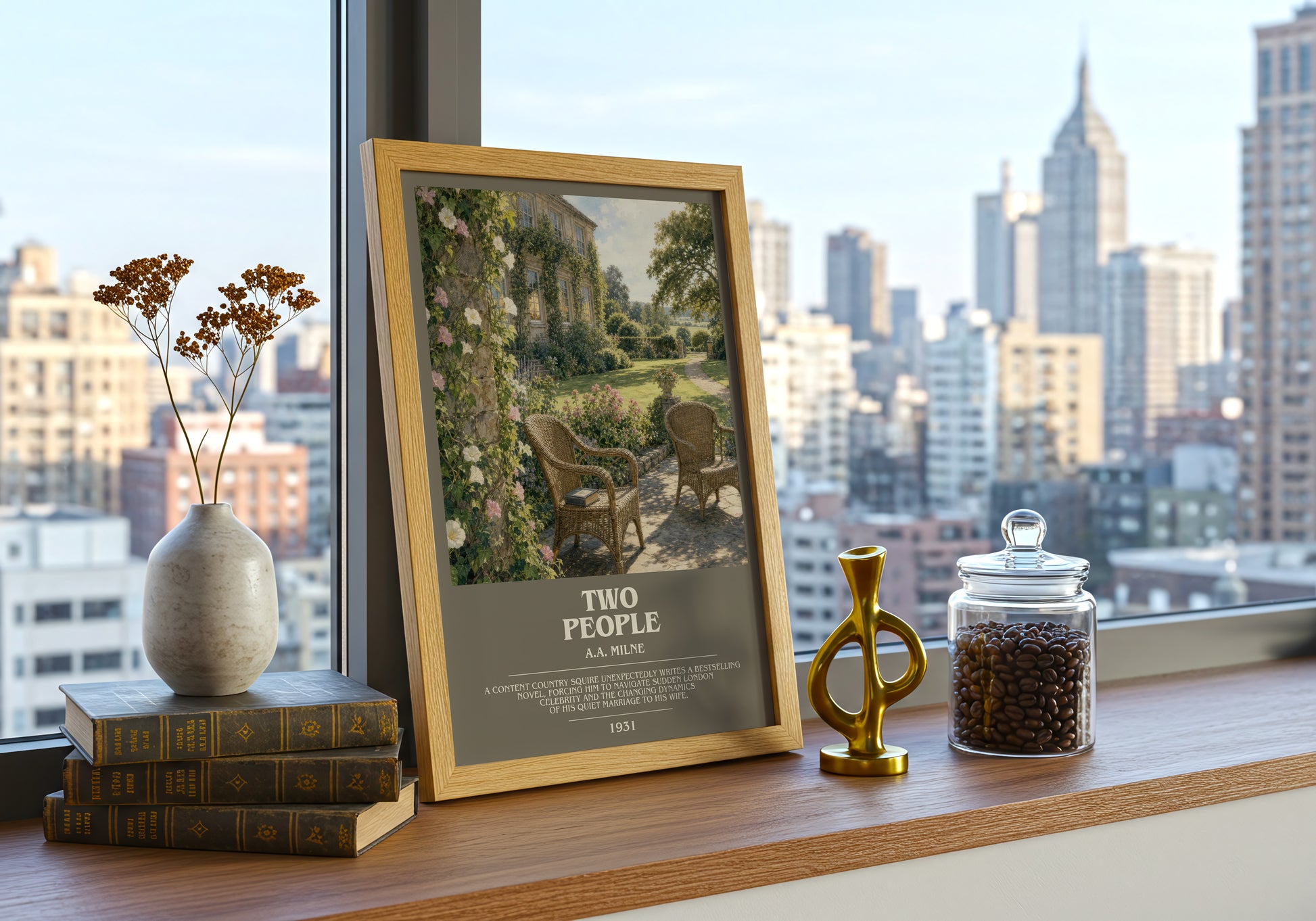 Two People bookish print framed by window – literary home decor