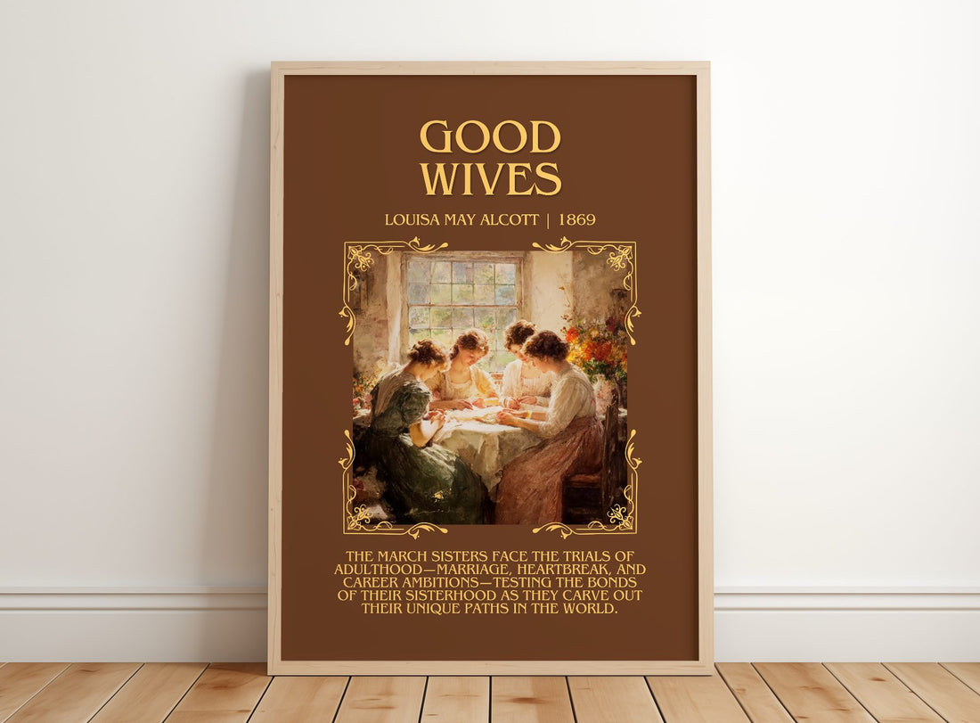 Good Wives Minimalist Book Poster by Louisa May Alcott – framed print leaning on a wooden floor