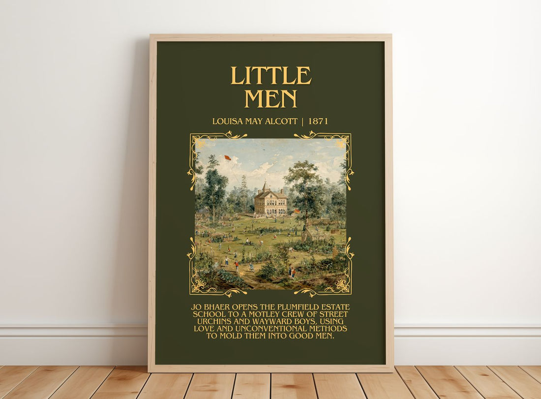 Little Men Minimalist Book Poster by Louisa May Alcott – framed print leaning on a wooden floor