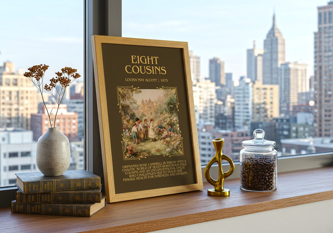 Eight Cousins Minimalist Book Poster by Louisa May Alcott – framed print on a city-view windowsill