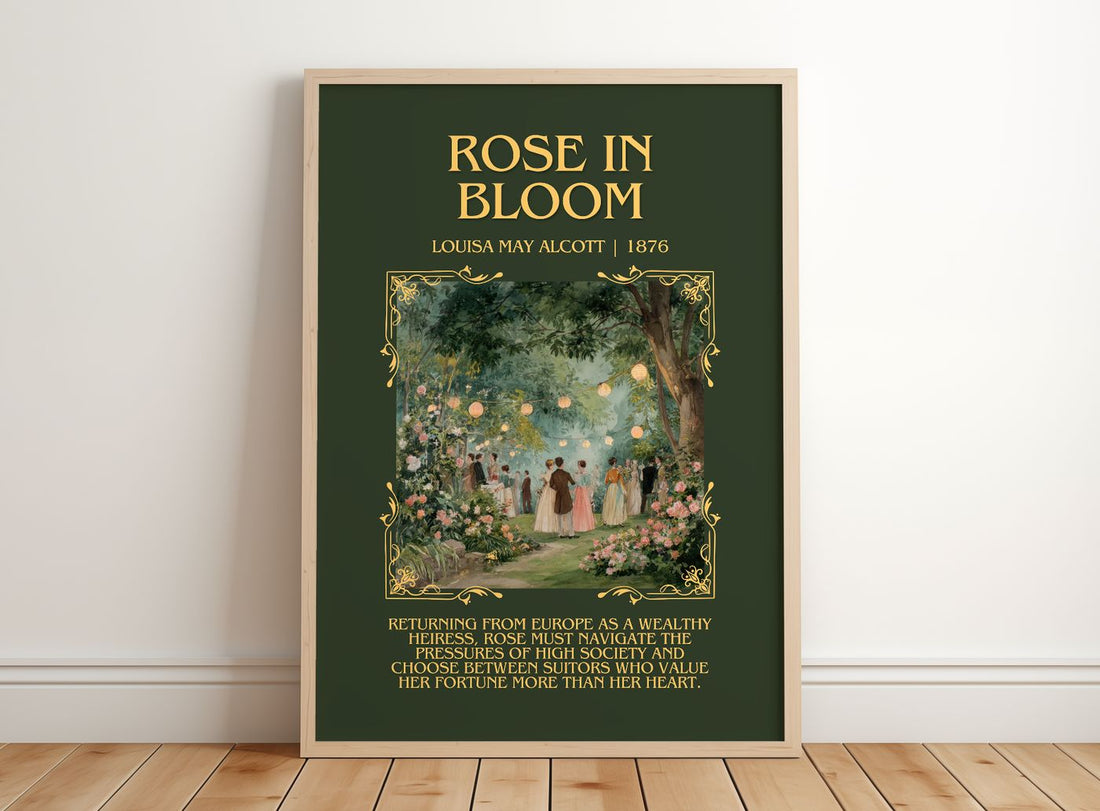 Rose In Bloom Minimalist Book Poster by Louisa May Alcott – framed print leaning on a wooden floor