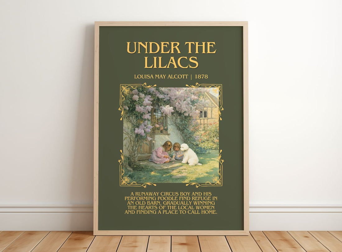 Under The Lilacs Minimalist Book Poster by Louisa May Alcott – framed print leaning on a wooden floor
