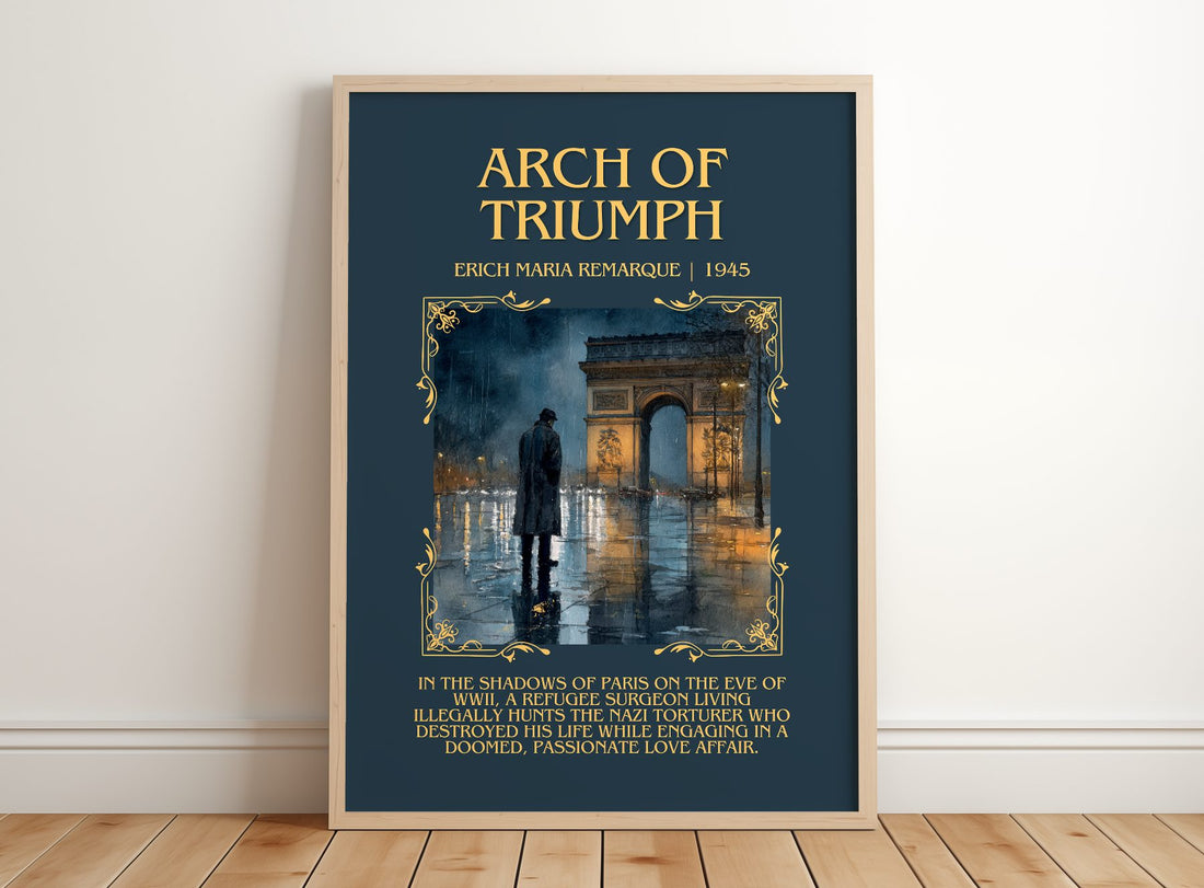 Arch Of Triumph Minimalist Book Poster by Erich Maria Remarque – framed print leaning on a wooden floor