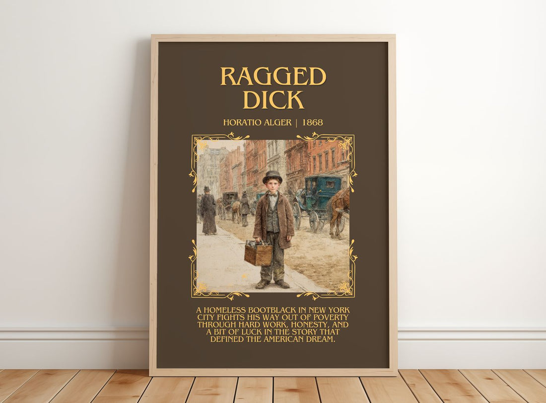 Ragged Dick Minimalist Book Poster by Horatio Alger – framed print leaning on a wooden floor