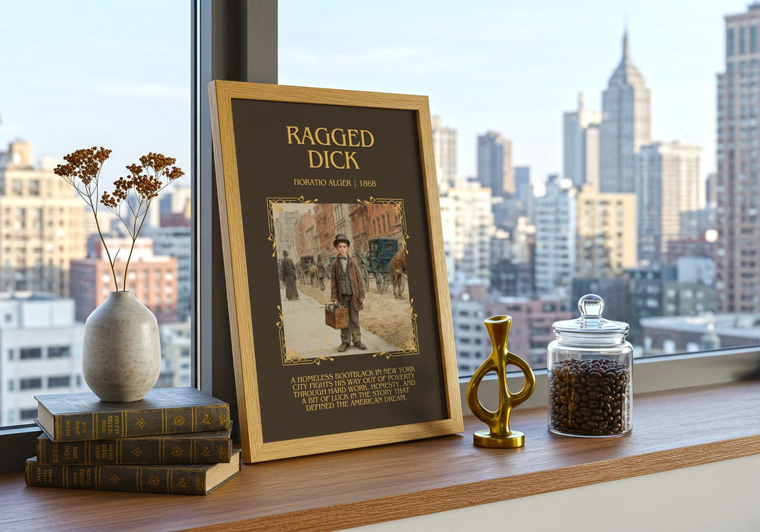 Ragged Dick Minimalist Book Poster by Horatio Alger – framed print on a city-view windowsill