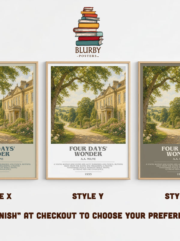 Four Days' Wonder bookish print in frame leaning in hallway – mystery wall art
