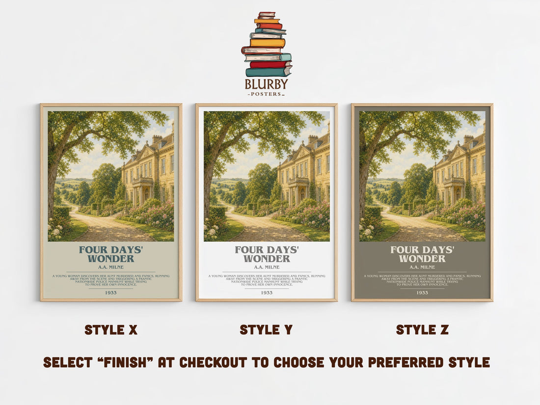 Four Days' Wonder bookish print in frame leaning in hallway – mystery wall art (mockup)