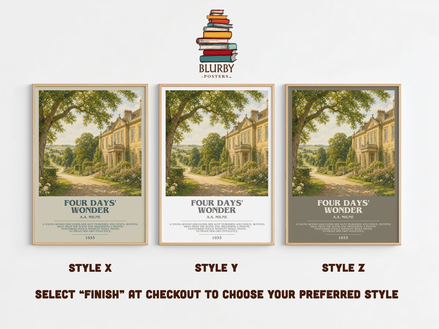 Four Days' Wonder bookish print in frame leaning in hallway – mystery wall art