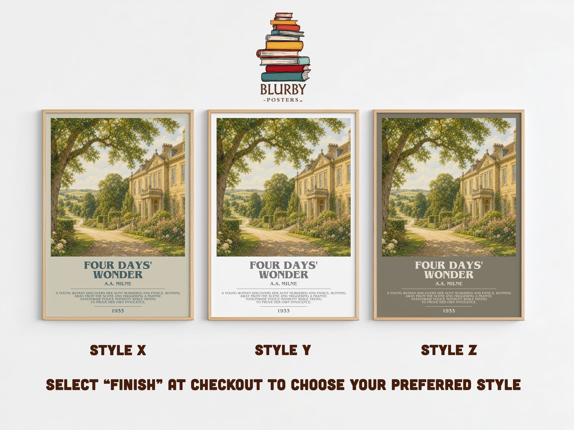 Four Days' Wonder bookish print in frame leaning in hallway – mystery wall art