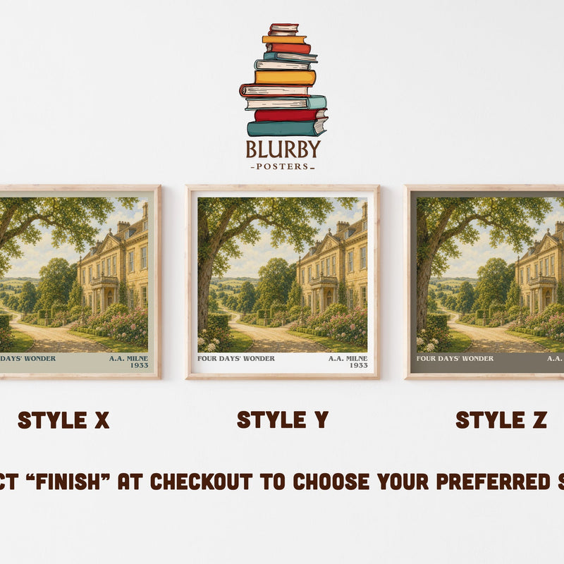 Four Days' Wonder literary print in frame leaning in hallway – mystery wall art