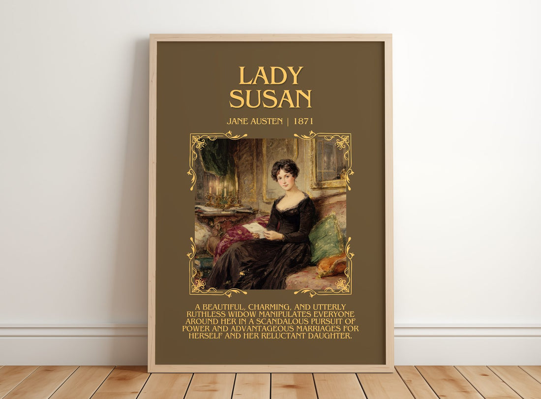 Lady Susan Minimalist Book Poster by Jane Austen – framed print leaning on a wooden floor