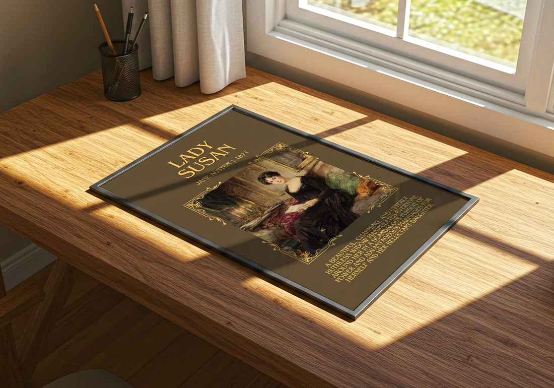 Lady Susan Minimalist Book Poster by Jane Austen – print on a sunlit desk
