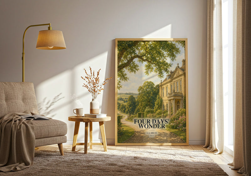 Four Days' Wonder watercolour print in frame leaning in hallway – mystery wall art