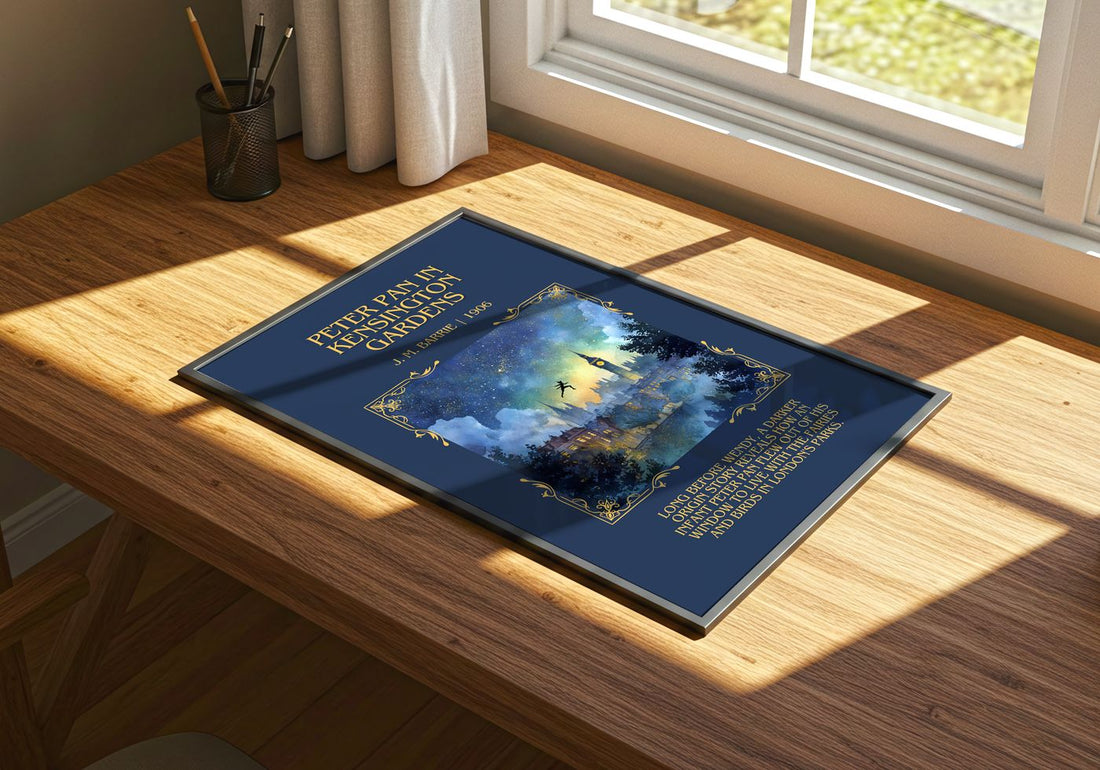 Peter Pan In Kensington Gardens Minimalist Book Poster by J. M. Barrie – print on a sunlit desk