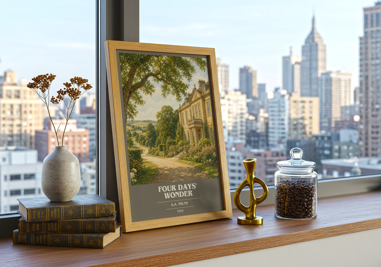 Four Days' Wonder book cover print framed by window – literary home decor