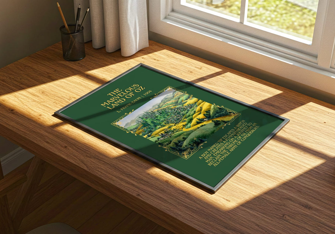 The Marvelous Land Of Oz Minimalist Book Poster by L. Frank Baum – print on a sunlit desk