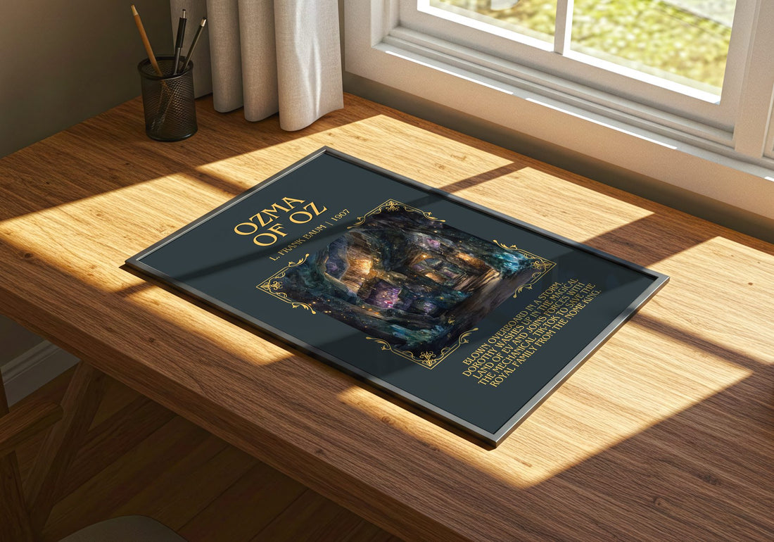 Ozma Of Oz Minimalist Book Poster by L. Frank Baum – print on a sunlit desk