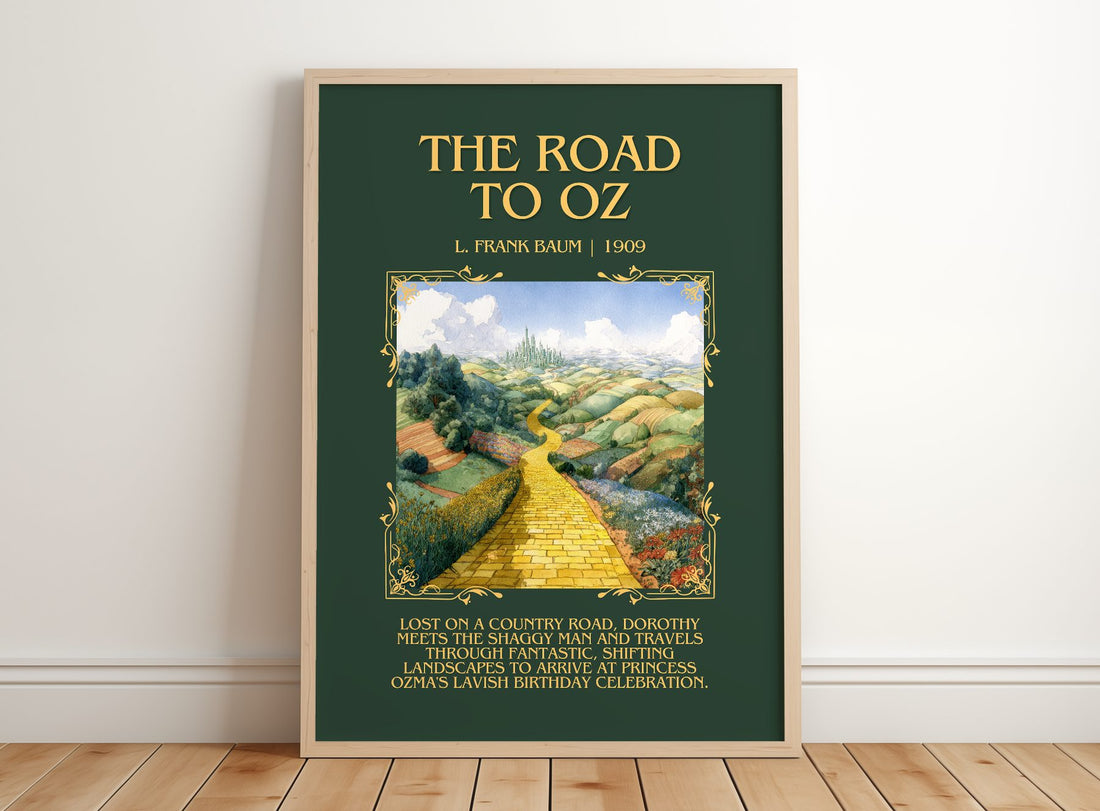The Road To Oz Minimalist Book Poster by L. Frank Baum – framed print leaning on a wooden floor