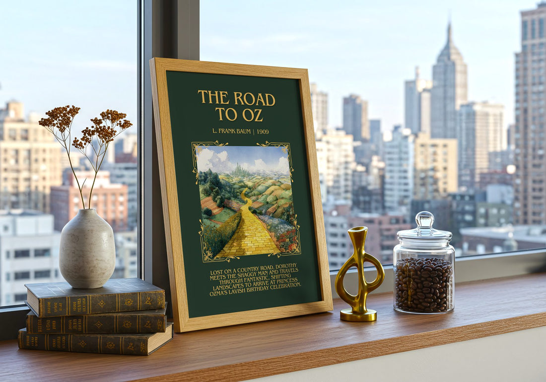 The Road To Oz Minimalist Book Poster by L. Frank Baum – framed print on a city-view windowsill