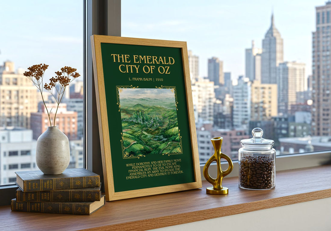 The Emerald City Of Oz Minimalist Book Poster by L. Frank Baum – framed print on a city-view windowsill
