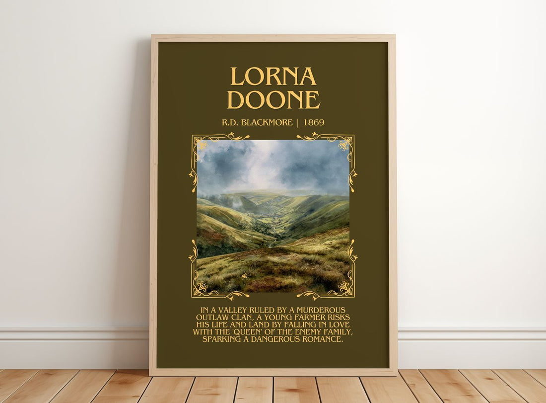 Lorna Doone Minimalist Book Poster by R.D. Blackmore – framed print leaning on a wooden floor
