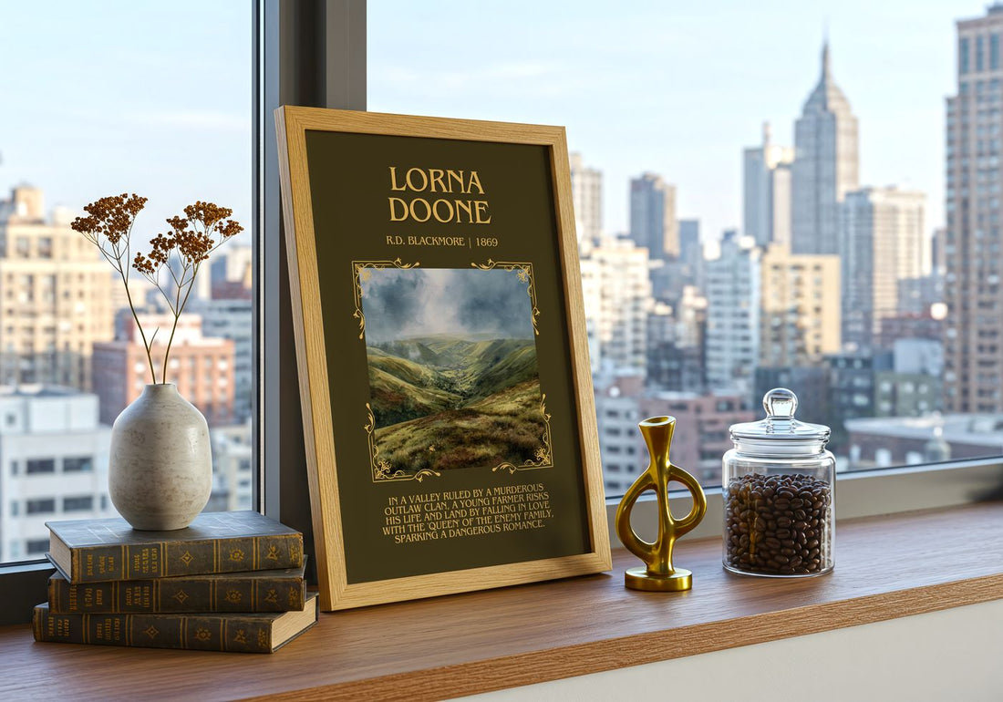Lorna Doone Minimalist Book Poster by R.D. Blackmore – framed print on a city-view windowsill