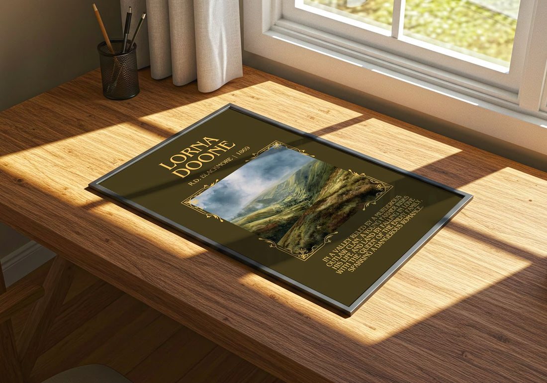 Lorna Doone Minimalist Book Poster by R.D. Blackmore – print on a sunlit desk