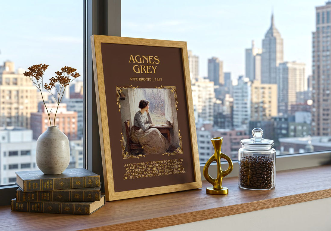 Agnes Grey Minimalist Book Poster by Anne Brontë – framed print on a city-view windowsill