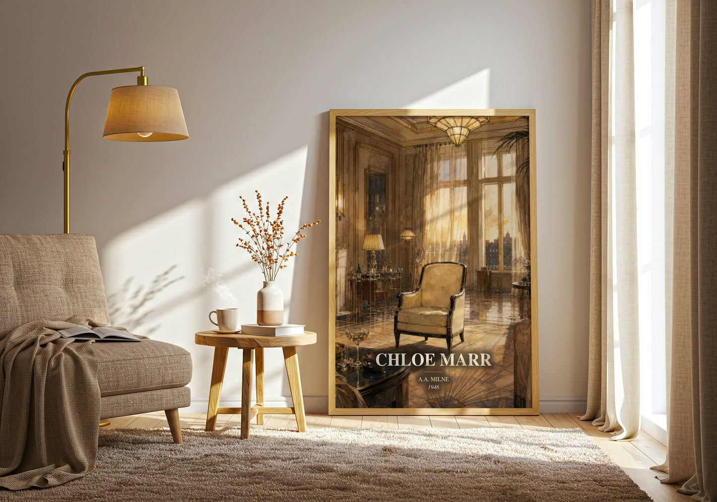 Chloe Marr watercolour print in frame leaning in hallway – literary fiction wall art