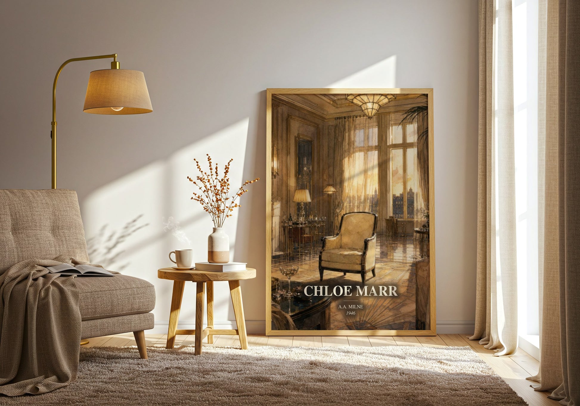 Chloe Marr watercolour print in frame leaning in hallway – literary fiction wall art