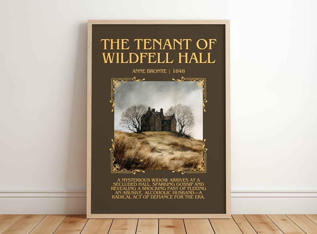The Tenant Of Wildfell Hall Minimalist Book Poster by Anne Brontë – framed print leaning on a wooden floor