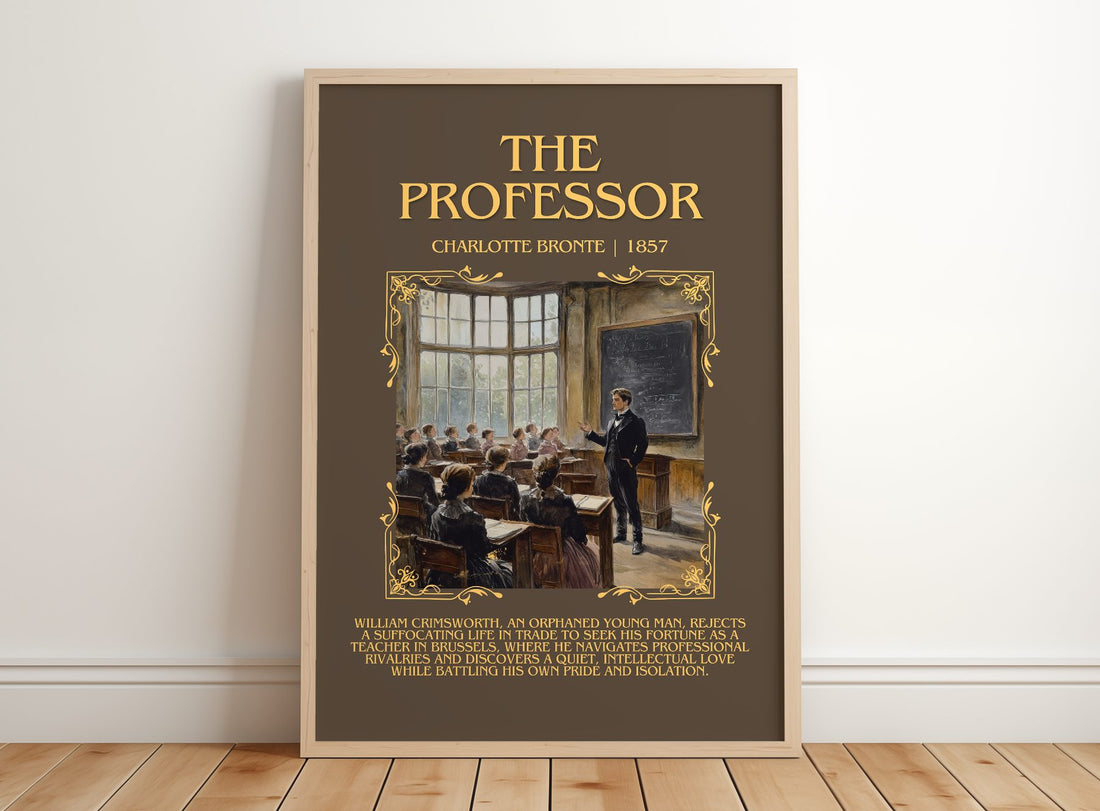 The Professor Minimalist Book Poster by Charlotte Brontë – framed print leaning on a wooden floor