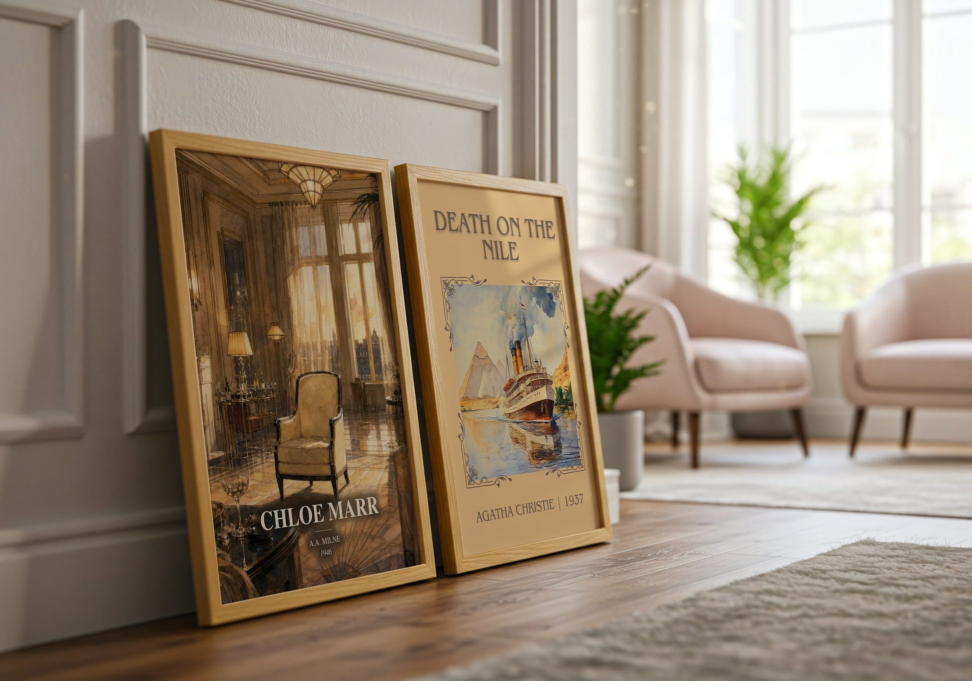 Chloe Marr watercolour print framed by window – literary home decor